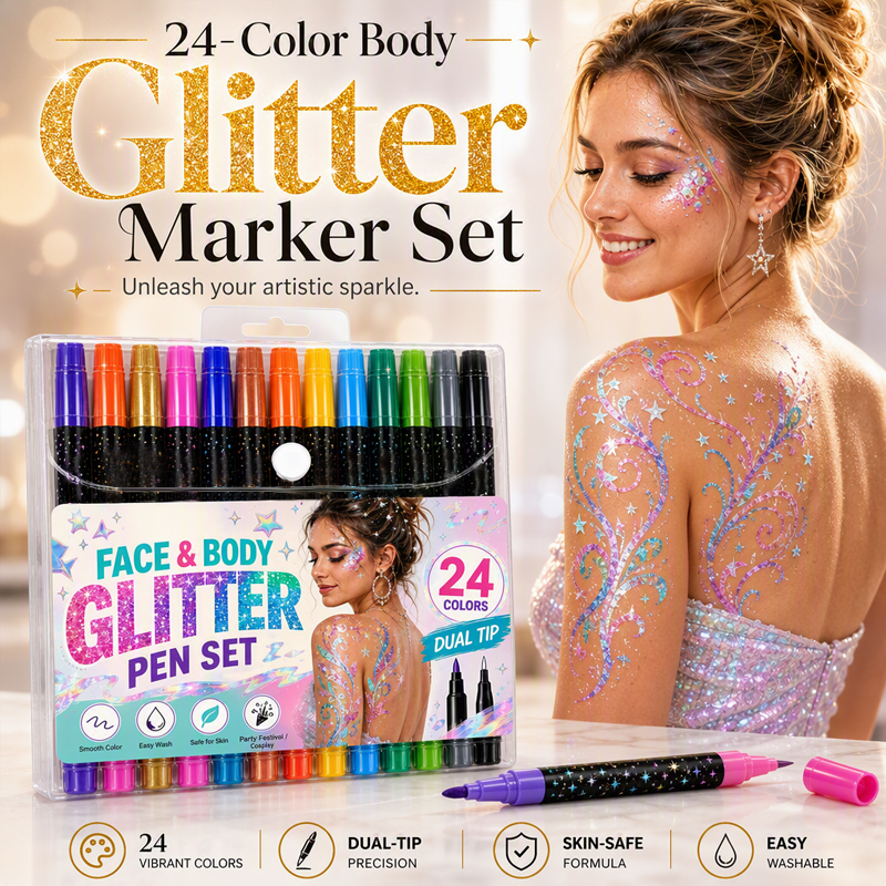 📢HOT Sale!!⏰24-Color Face & Body Glitter Marker Set with Dual Tips