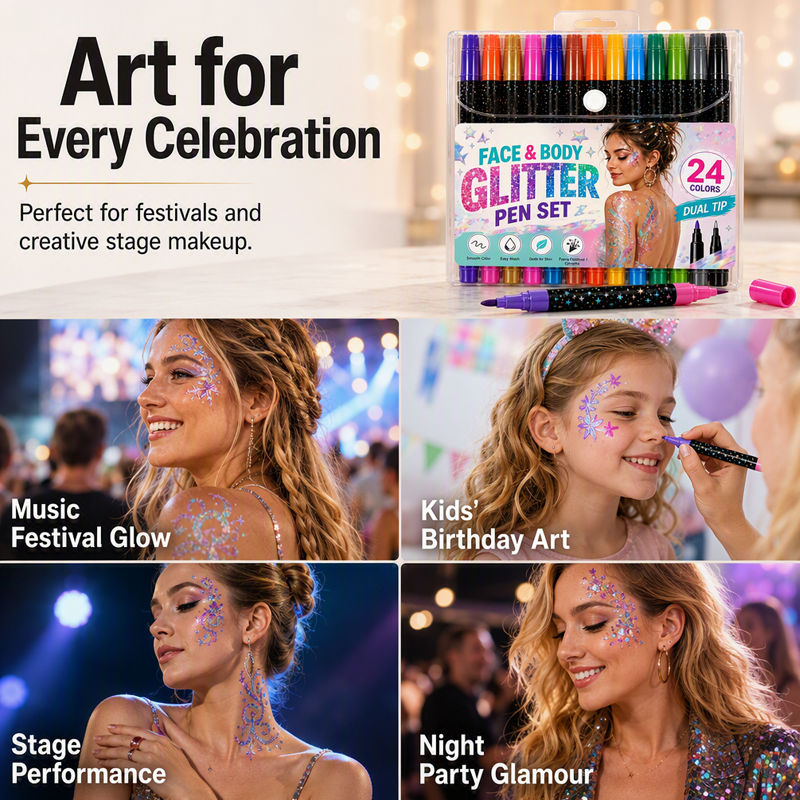 📢HOT Sale!!⏰24-Color Face & Body Glitter Marker Set with Dual Tips