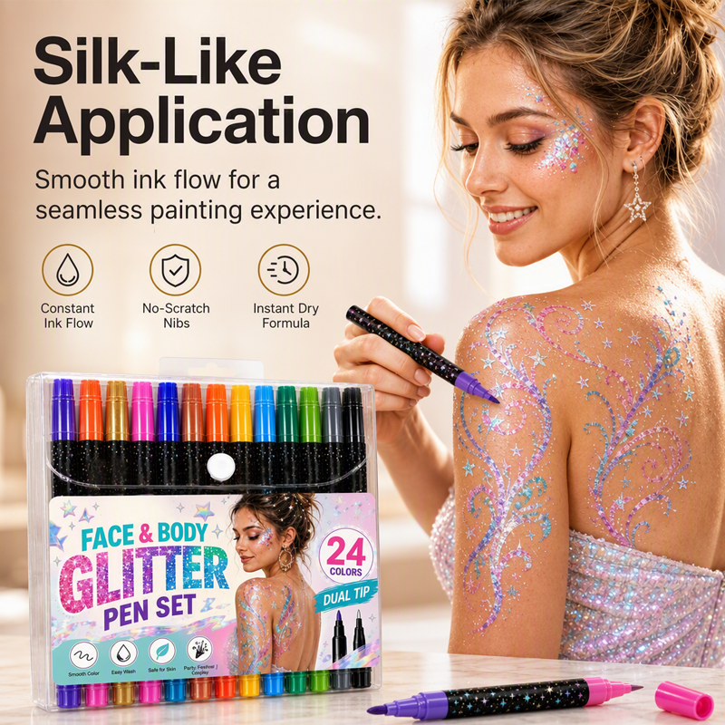 📢HOT Sale!!⏰24-Color Face & Body Glitter Marker Set with Dual Tips