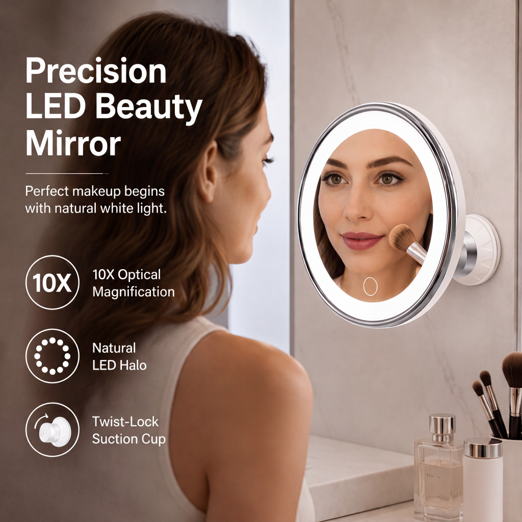 ⏳🔥LIMITED-TIME 50% OFF! ⏰10x Magnifying Makeup Mirror with LED Light and Suction Cup