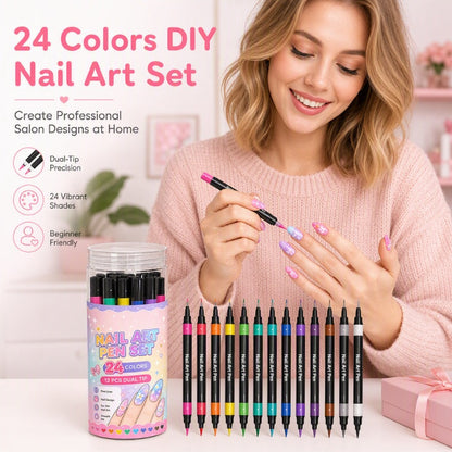 ⏳LAST DAY SALE | 50% OFF!!💕🎁24 Shades Dual-Tip Nail Art Marker Kit, Quick-Dry Painting Pens For DIY Nail Designs💅