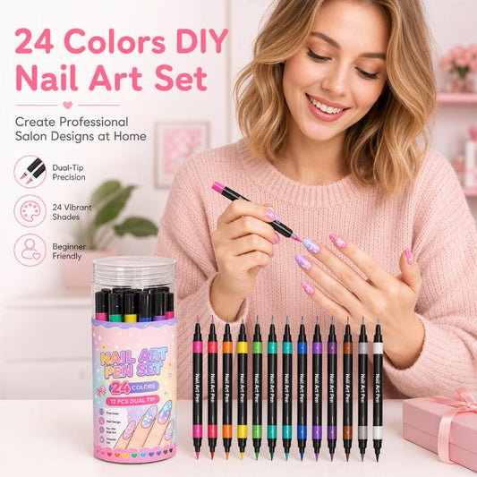⏳LAST DAY SALE | 50% OFF!!💕🎁24 Shades Dual-Tip Nail Art Marker Kit, Quick-Dry Painting Pens For DIY Nail Designs💅