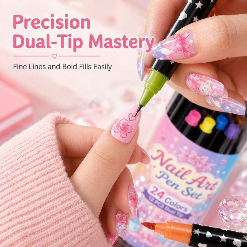 ⏳LAST DAY SALE | 50% OFF!!💕🎁24 Shades Dual-Tip Nail Art Marker Kit, Quick-Dry Painting Pens For DIY Nail Designs💅