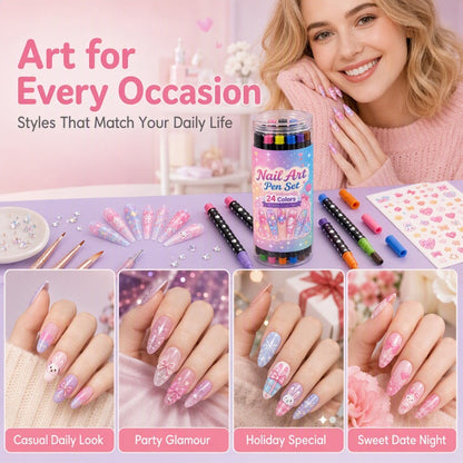 ⏳LAST DAY SALE | 50% OFF!!💕🎁24 Shades Dual-Tip Nail Art Marker Kit, Quick-Dry Painting Pens For DIY Nail Designs💅