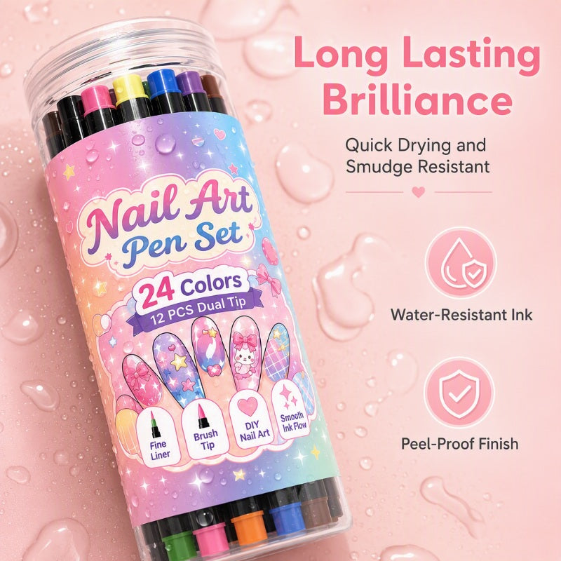 ⏳LAST DAY SALE | 50% OFF!!💕🎁24 Shades Dual-Tip Nail Art Marker Kit, Quick-Dry Painting Pens For DIY Nail Designs💅