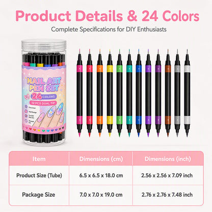⏳LAST DAY SALE | 50% OFF!!💕🎁24 Shades Dual-Tip Nail Art Marker Kit, Quick-Dry Painting Pens For DIY Nail Designs💅