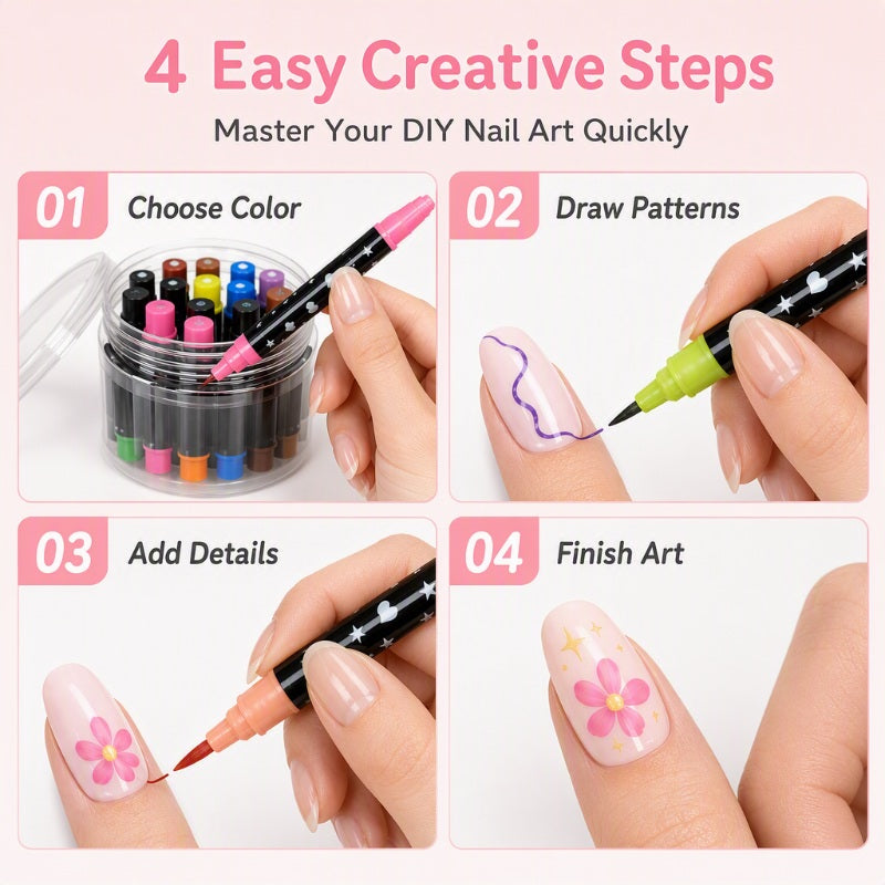⏳LAST DAY SALE | 50% OFF!!💕🎁24 Shades Dual-Tip Nail Art Marker Kit, Quick-Dry Painting Pens For DIY Nail Designs💅
