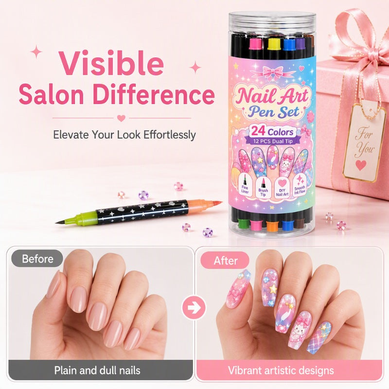 ⏳LAST DAY SALE | 50% OFF!!💕🎁24 Shades Dual-Tip Nail Art Marker Kit, Quick-Dry Painting Pens For DIY Nail Designs💅