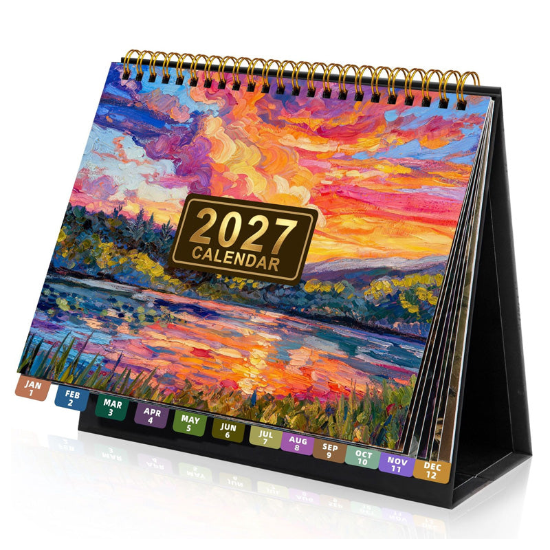 📅 2027 Desk Calendar & Habit Tracker – Artistic Oil Painting Monthly Planner for Work & Study