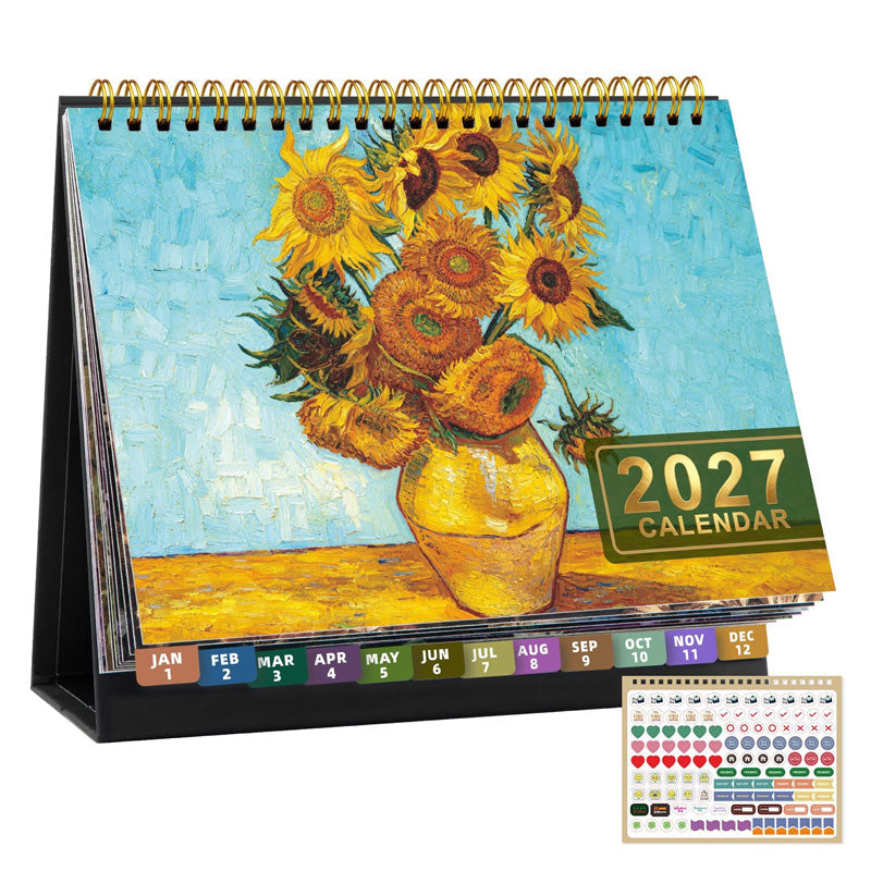 📅 2027 Desk Calendar & Habit Tracker – Artistic Oil Painting Monthly Planner for Work & Study
