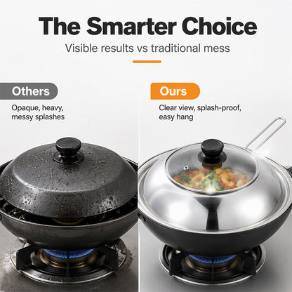 🍳50% OFF NOW! Stainless Steel Splash‑Proof Pot Lid with Glass Window‑ Universal Clear Cooking Shield, Heat‑Resistant Visible Lid Cover, Anti‑Splash Replacement Lid for Woks & Pans