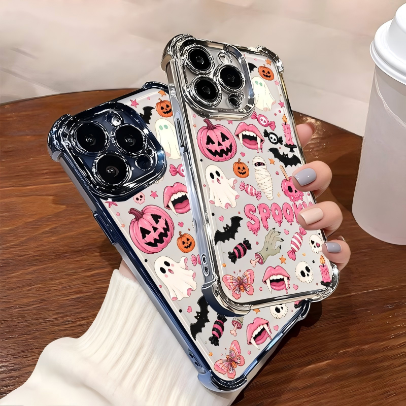 🎃 4-Corner Anti-Fall, Cute Candy Pumpkin Ghost Design, Transparent Non-Yellowing Shockproof Cover