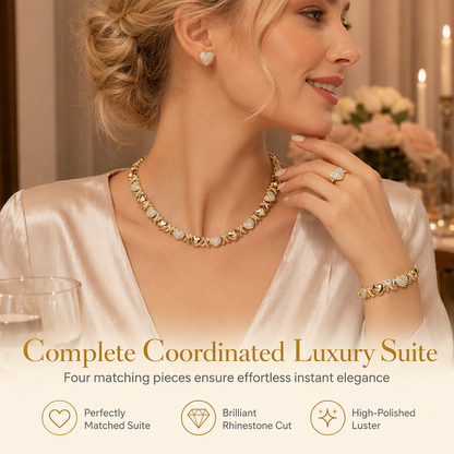 ✨ Gold Plated Heart Shaped Rhinestone Jewelry 4-Piece Set – Necklace, Earrings, Bracelet & Ring – Brilliant Crystal Shimmer for Red-Carpet Elegance 💛