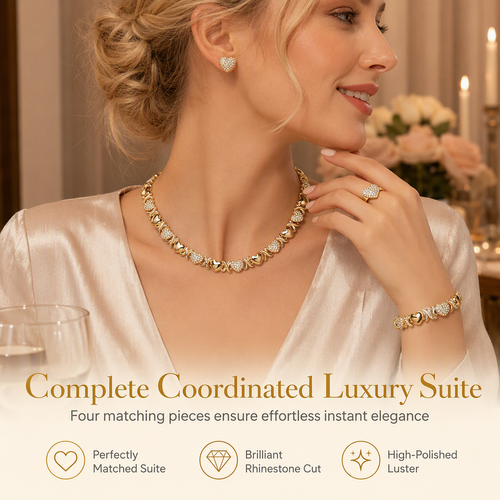 ✨ Gold Plated Heart Shaped Rhinestone Jewelry 4-Piece Set – Necklace, Earrings, Bracelet & Ring – Brilliant Crystal Shimmer for Red-Carpet Elegance 💛