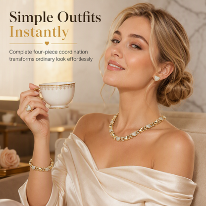 ✨ Gold Plated Heart Shaped Rhinestone Jewelry 4-Piece Set – Necklace, Earrings, Bracelet & Ring – Brilliant Crystal Shimmer for Red-Carpet Elegance 💛