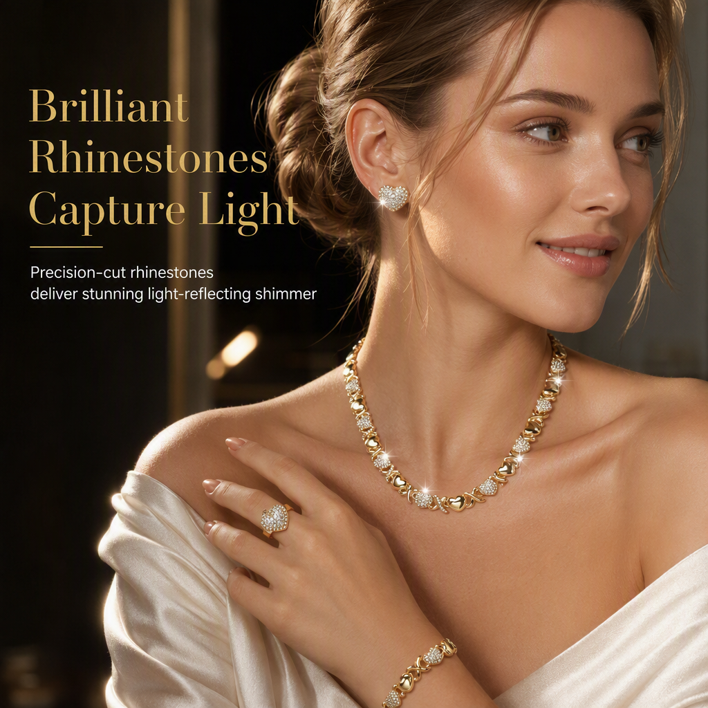 ✨ Gold Plated Heart Shaped Rhinestone Jewelry 4-Piece Set – Necklace, Earrings, Bracelet & Ring – Brilliant Crystal Shimmer for Red-Carpet Elegance 💛