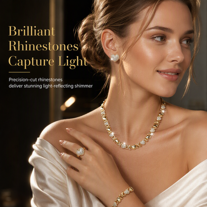 ✨ Gold Plated Heart Shaped Rhinestone Jewelry 4-Piece Set – Necklace, Earrings, Bracelet & Ring – Brilliant Crystal Shimmer for Red-Carpet Elegance 💛