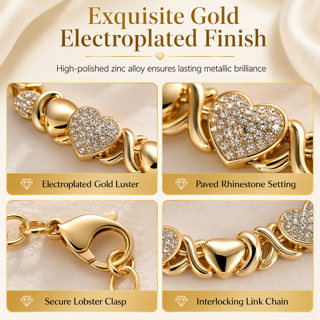 ✨ Gold Plated Heart Shaped Rhinestone Jewelry 4-Piece Set – Necklace, Earrings, Bracelet & Ring – Brilliant Crystal Shimmer for Red-Carpet Elegance 💛