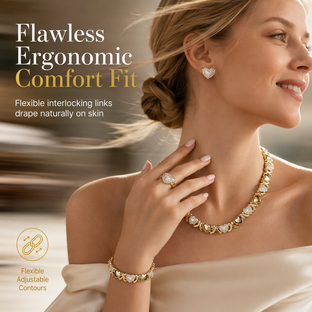 ✨ Gold Plated Heart Shaped Rhinestone Jewelry 4-Piece Set – Necklace, Earrings, Bracelet & Ring – Brilliant Crystal Shimmer for Red-Carpet Elegance 💛