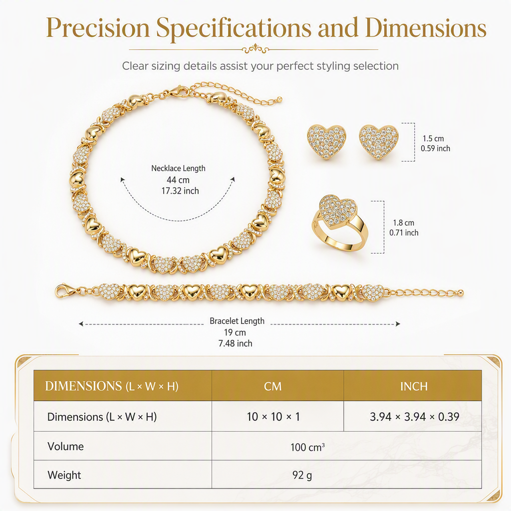 ✨ Gold Plated Heart Shaped Rhinestone Jewelry 4-Piece Set – Necklace, Earrings, Bracelet & Ring – Brilliant Crystal Shimmer for Red-Carpet Elegance 💛