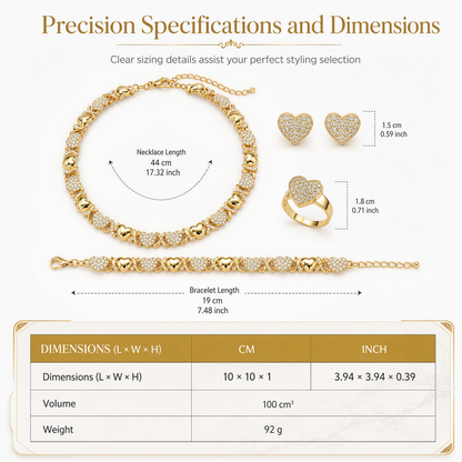 ✨ Gold Plated Heart Shaped Rhinestone Jewelry 4-Piece Set – Necklace, Earrings, Bracelet & Ring – Brilliant Crystal Shimmer for Red-Carpet Elegance 💛