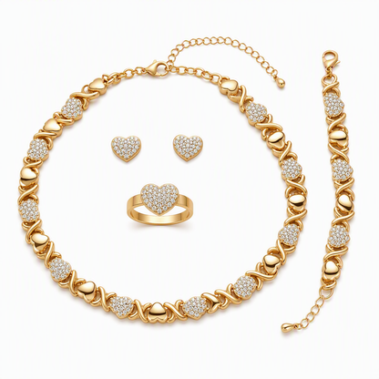 ✨ Gold Plated Heart Shaped Rhinestone Jewelry 4-Piece Set – Necklace, Earrings, Bracelet & Ring – Brilliant Crystal Shimmer for Red-Carpet Elegance 💛