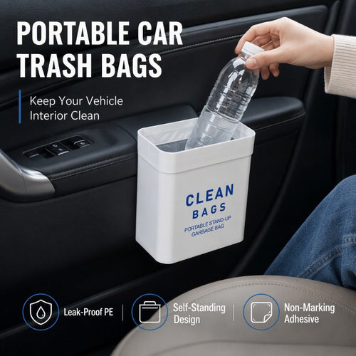Thickened Self Standing Adhesive Car Trash Bags Flat Mouth Disposable Garbage Cleaning Bags for Vehicle Desk and Kitchen