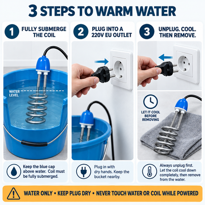 ♨️50% OFF NOW! Stainless Steel Spiral Immersion Water Heater, Portable 220V Bucket Water Heating Rod with Auto Temperature Control, EU Plug Quick Heating Submersible Water Heater for Home