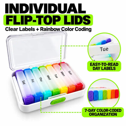 🧳 LIMITED-TIME 50% OFF! 💊 7-Day Detachable Pill Organizer – Color Coded, Portable, Light Resistant ✨