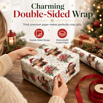 ⏳🔥LIMITED-TIME 50% OFF! ⏰🐮 Reversible Christmas Highland Cow Gift Wrapping Paper Roll – Thick Tear‑Resistant Craft Paper, 2 Festive Designs in 1 Roll (43cm×3m) 🎄🎁
