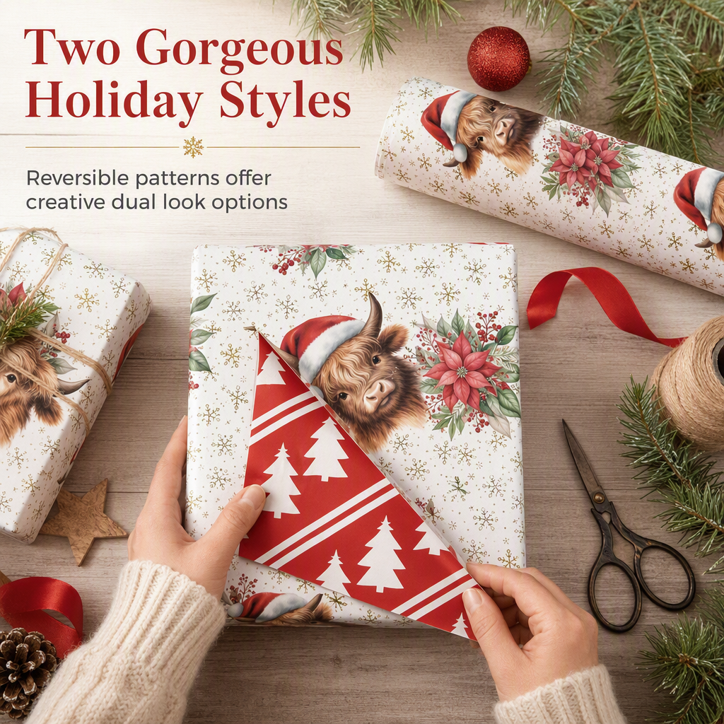⏳🔥LIMITED-TIME 50% OFF! ⏰🐮 Reversible Christmas Highland Cow Gift Wrapping Paper Roll – Thick Tear‑Resistant Craft Paper, 2 Festive Designs in 1 Roll (43cm×3m) 🎄🎁