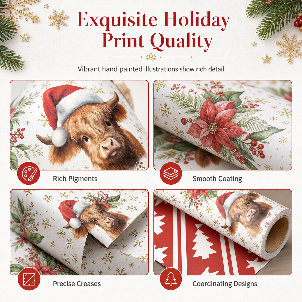 ⏳🔥LIMITED-TIME 50% OFF! ⏰🐮 Reversible Christmas Highland Cow Gift Wrapping Paper Roll – Thick Tear‑Resistant Craft Paper, 2 Festive Designs in 1 Roll (43cm×3m) 🎄🎁