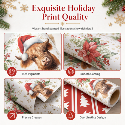 ⏳🔥LIMITED-TIME 50% OFF! ⏰🐮 Reversible Christmas Highland Cow Gift Wrapping Paper Roll – Thick Tear‑Resistant Craft Paper, 2 Festive Designs in 1 Roll (43cm×3m) 🎄🎁