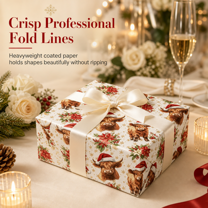 ⏳🔥LIMITED-TIME 50% OFF! ⏰🐮 Reversible Christmas Highland Cow Gift Wrapping Paper Roll – Thick Tear‑Resistant Craft Paper, 2 Festive Designs in 1 Roll (43cm×3m) 🎄🎁