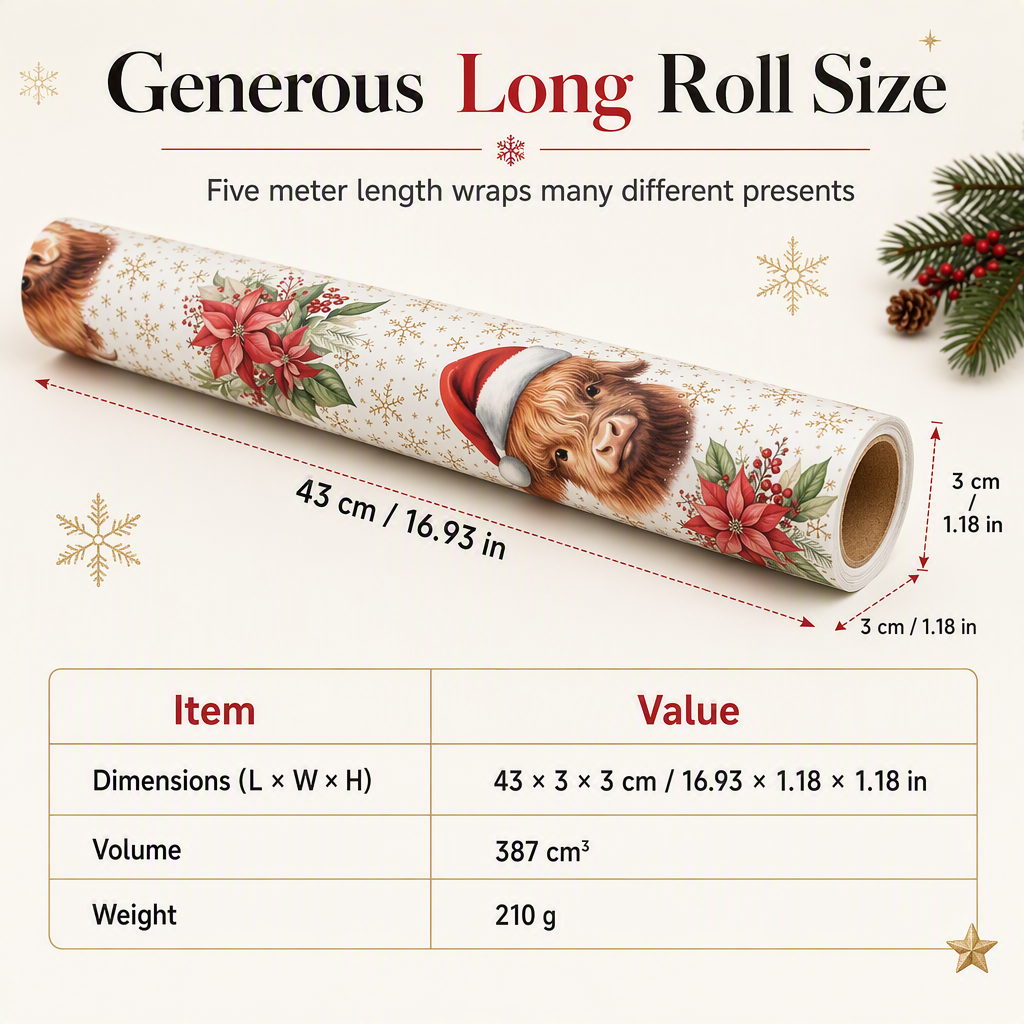 ⏳🔥LIMITED-TIME 50% OFF! ⏰🐮 Reversible Christmas Highland Cow Gift Wrapping Paper Roll – Thick Tear‑Resistant Craft Paper, 2 Festive Designs in 1 Roll (43cm×3m) 🎄🎁