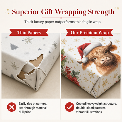 ⏳🔥LIMITED-TIME 50% OFF! ⏰🐮 Reversible Christmas Highland Cow Gift Wrapping Paper Roll – Thick Tear‑Resistant Craft Paper, 2 Festive Designs in 1 Roll (43cm×3m) 🎄🎁