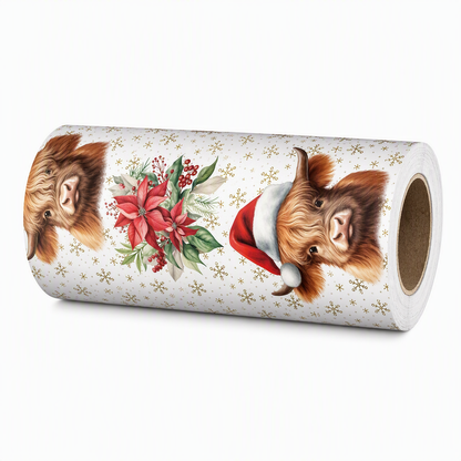⏳🔥LIMITED-TIME 50% OFF! ⏰🐮 Reversible Christmas Highland Cow Gift Wrapping Paper Roll – Thick Tear‑Resistant Craft Paper, 2 Festive Designs in 1 Roll (43cm×3m) 🎄🎁