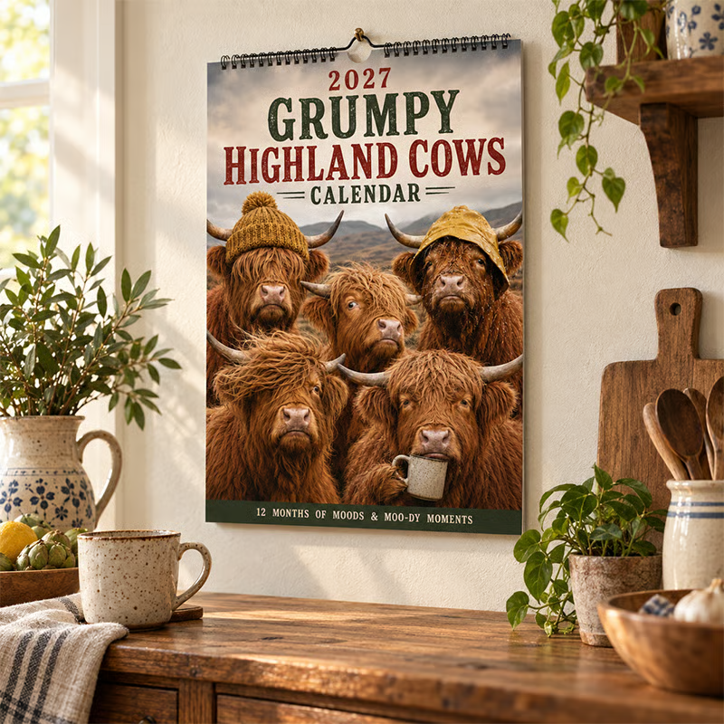 🔥🎉2027 Grumpy Highland Cows A4 Wall Calendar