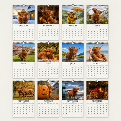 🔥🎉2027 Grumpy Highland Cows A4 Wall Calendar