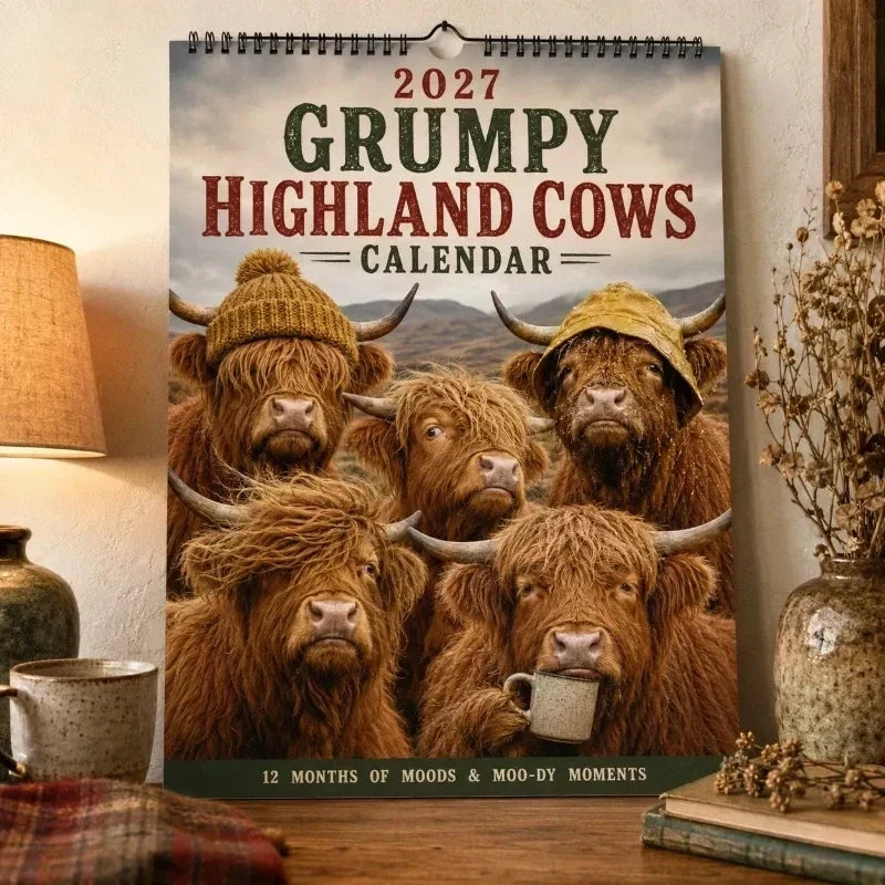 🔥🎉2027 Grumpy Highland Cows A4 Wall Calendar