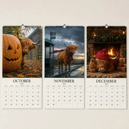 🔥🎉2027 Grumpy Highland Cows A4 Wall Calendar