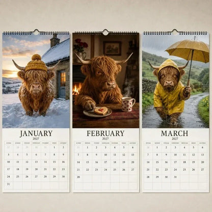 🔥🎉2027 Grumpy Highland Cows A4 Wall Calendar