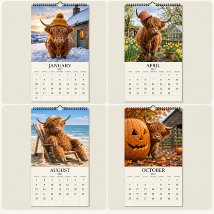 🔥🎉2027 Grumpy Highland Cows A4 Wall Calendar