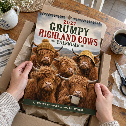🔥🎉2027 Grumpy Highland Cows A4 Wall Calendar