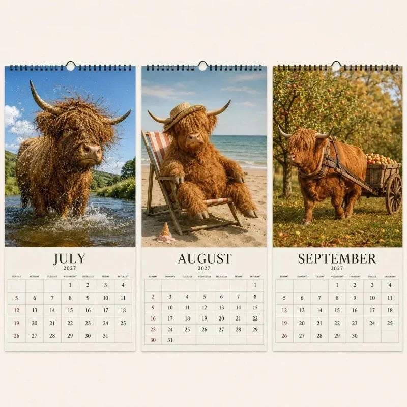 🔥🎉2027 Grumpy Highland Cows A4 Wall Calendar