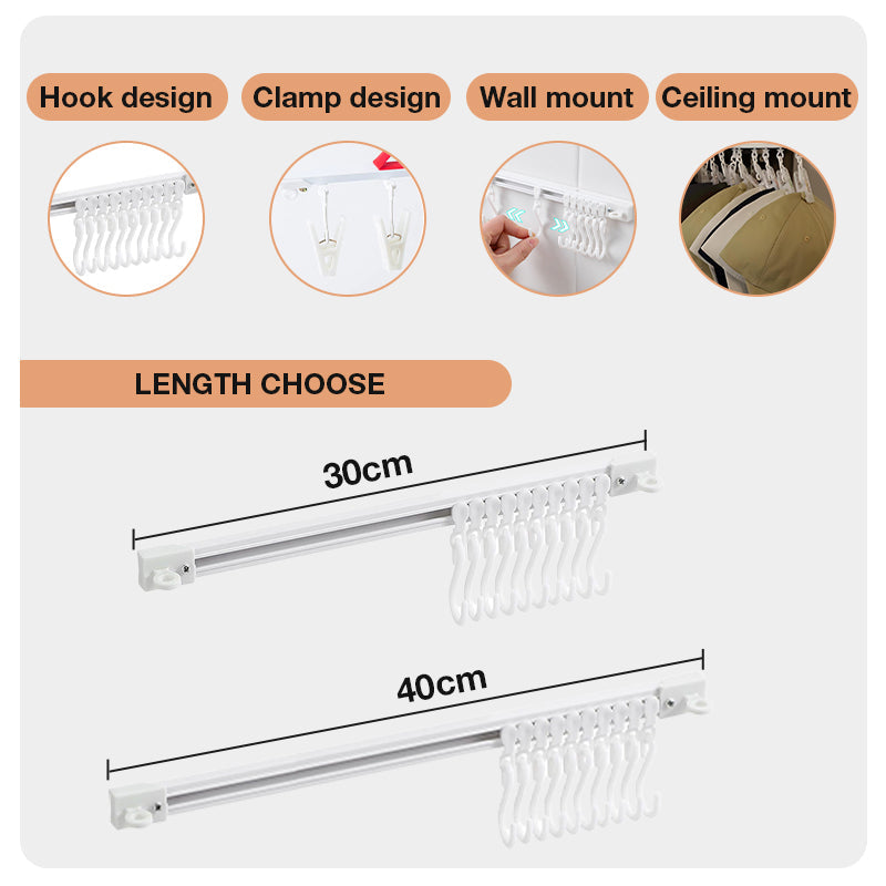🖤Hot Sale 50% OFF♟️Punch-Free Sliding Track Hooks, Wall/Ceiling/Clamp Mount, Slidable Hanging Hooks for Utensils, Hats, Bags🗜️