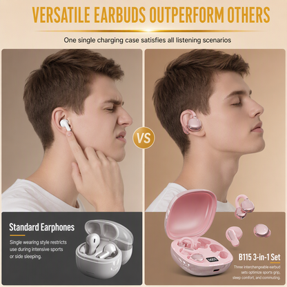 B115 3-in-1 Bluetooth Earphones ✨ Ear Clip · In-Ear · Sleep Modes | 🔇 Noise Cancelling | 🔋 Ultra Long Battery | 6 Pairs of Ear Tips Included