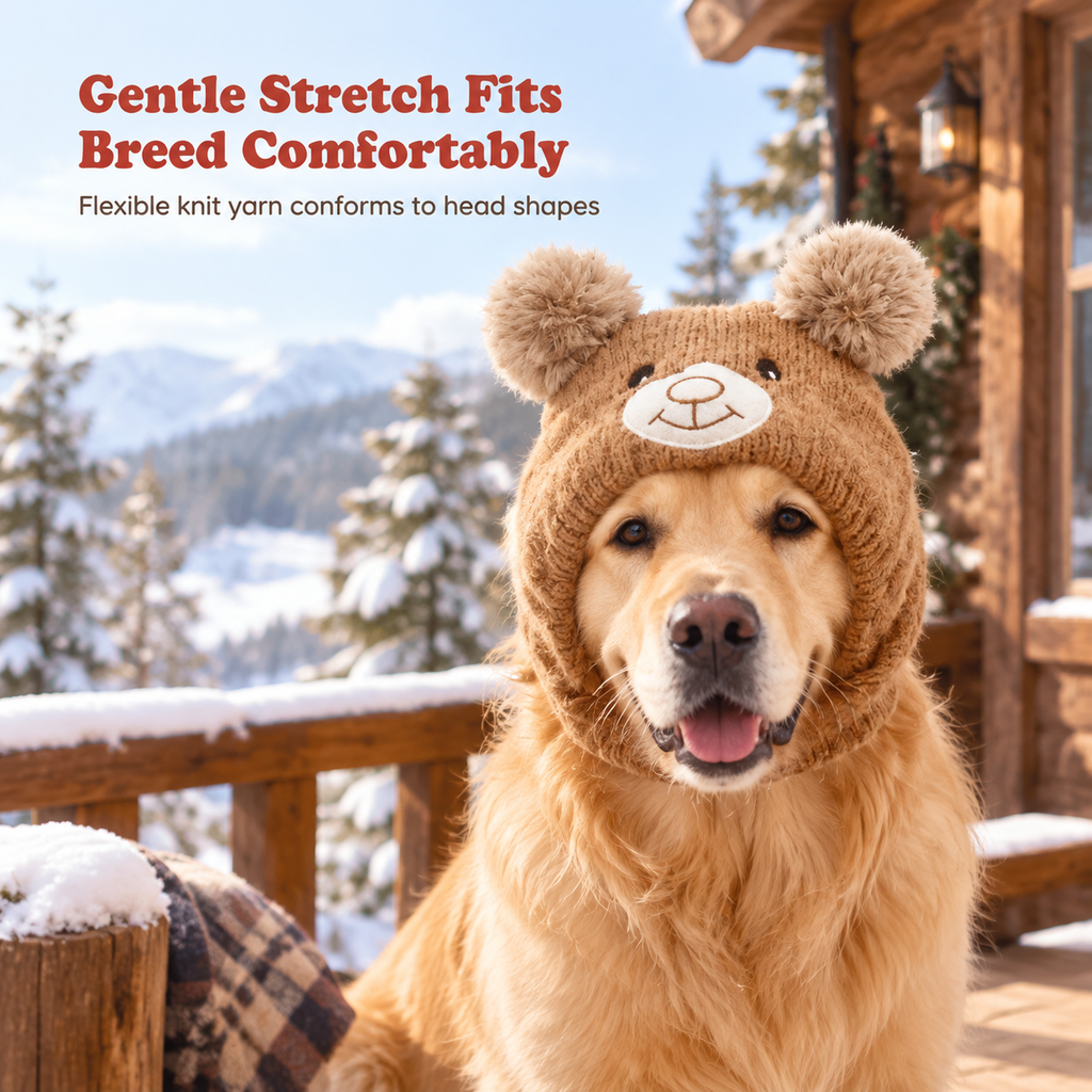 🐶 Plush Dog Winter Hat – Warm Ribbed Knit Hood with Double Pom-Poms
