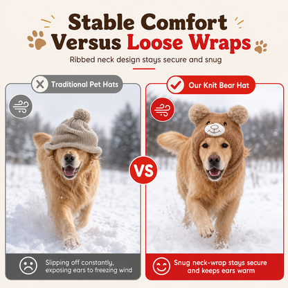 🐶 Plush Dog Winter Hat – Warm Ribbed Knit Hood with Double Pom-Poms