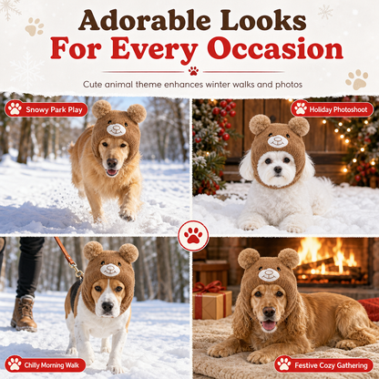 🐶 Plush Dog Winter Hat – Warm Ribbed Knit Hood with Double Pom-Poms